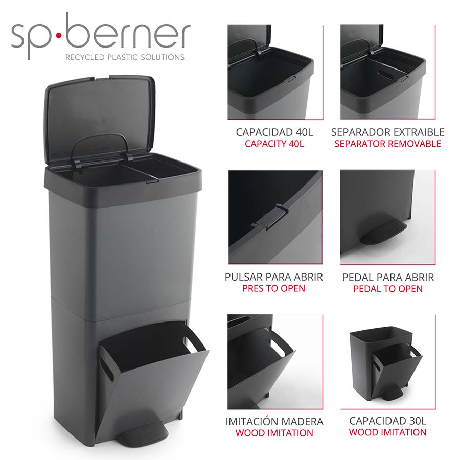 Cubo de basura y reciclaje CUBEK lacado, 3 compartimentos. 7 colores  disponibles.